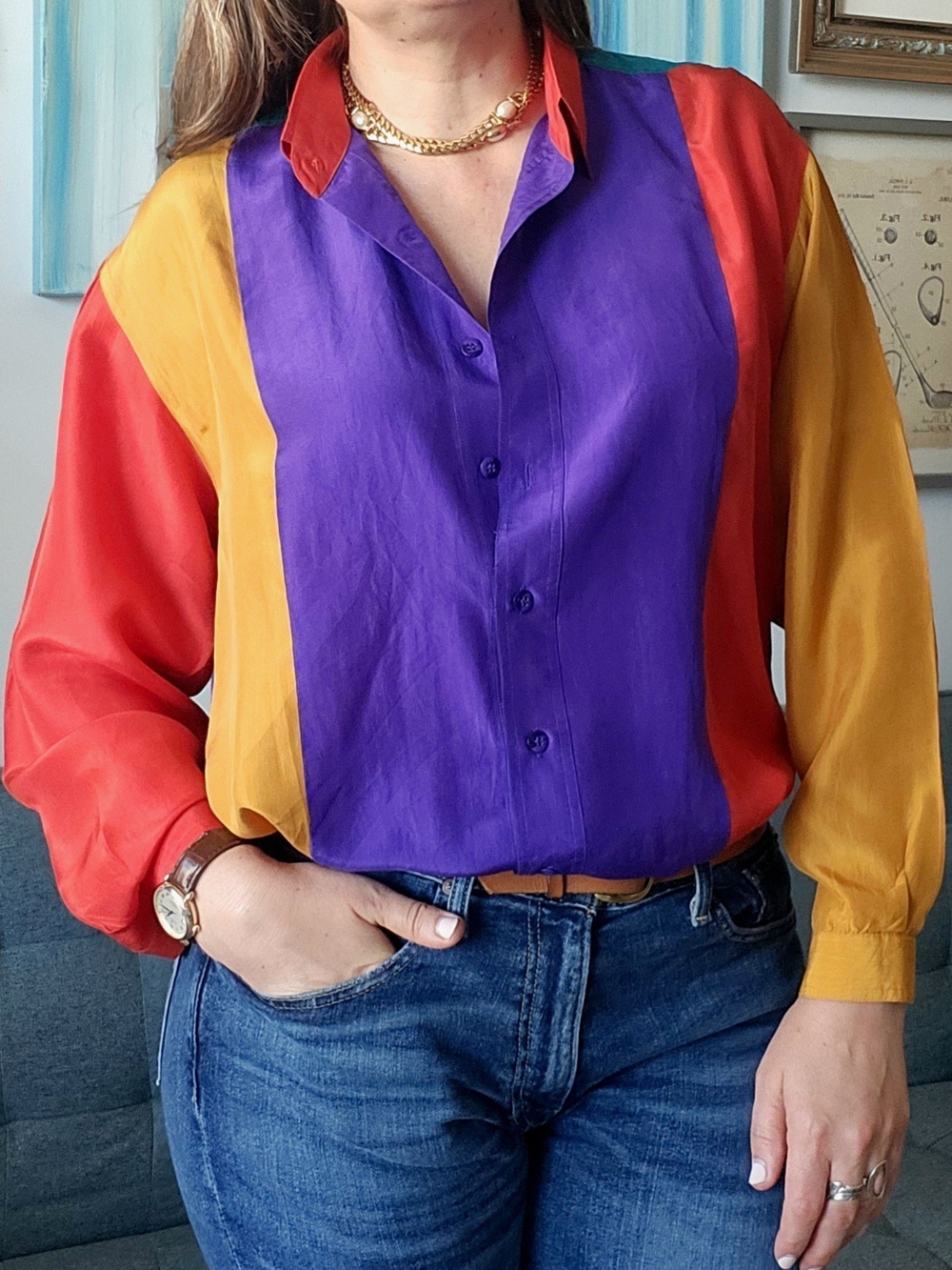 Colorblock Button-Down Blouse in Purple, Red & Yellow